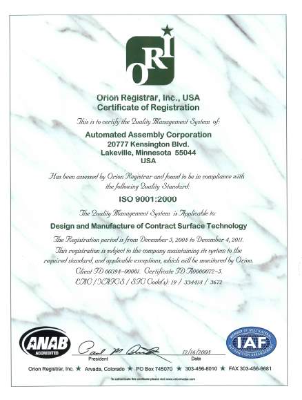 iso9001certification-Automated-Assembly-Lakeville-MN ISO 9001:2000 certification Automated Assembly Corporation Lakeville MN